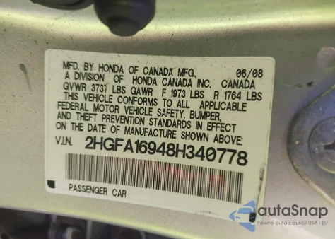 2008 Honda Civic Ex-L from USA, damaged, VIN 2HGFA16948H340778